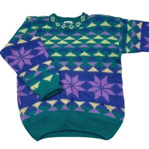 Vintage Gallagher Geometric Pattern Mohair & Acrylic Sweater Large Retro Aqua